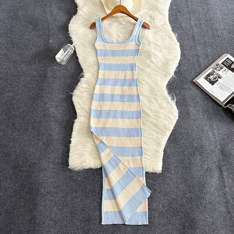 Stripe Summer Elastic Split Bodycon Dress, Sexy Beach Vacation Sundress, Women Casual Slim Pencil, Maxi Long Dress, Warm