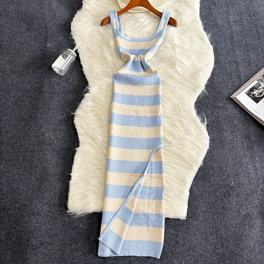 Stripe Summer Elastic Split Bodycon Dress, Sexy Beach Vacation Sundress, Women Casual Slim Pencil, Maxi Long Dress, Warm