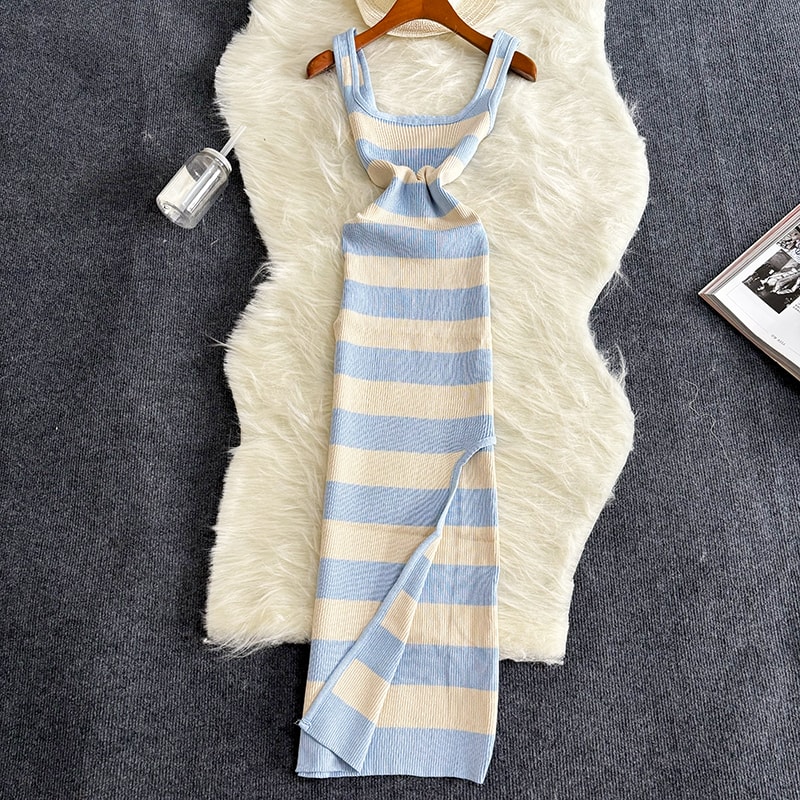Stripe Summer Elastic Split Bodycon Dress, Sexy Beach Vacation Sundress, Women Casual Slim Pencil, Maxi Long Dress, Warm