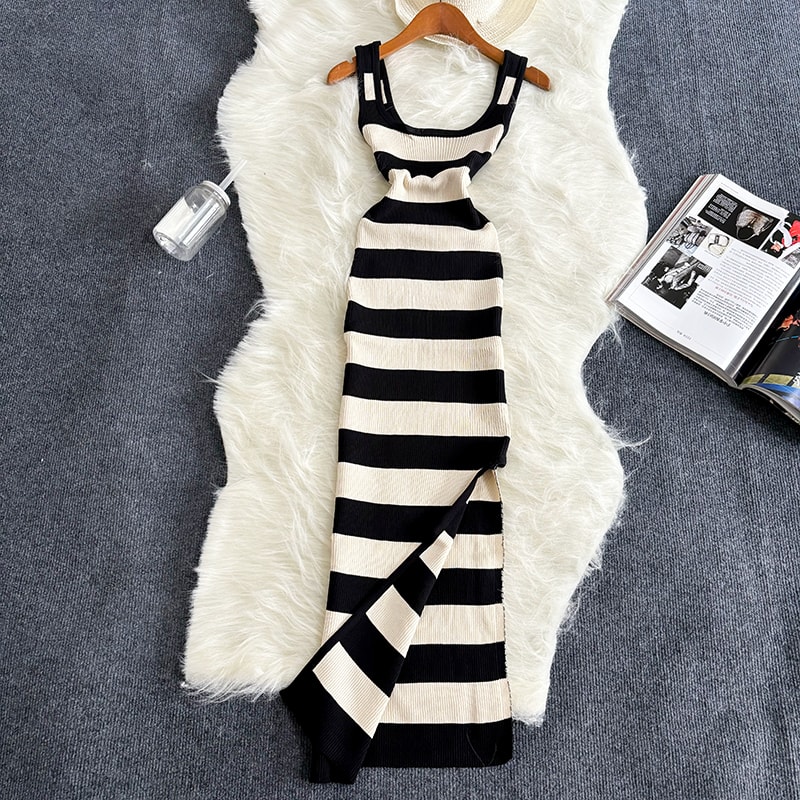 Stripe Summer Elastic Split Bodycon Dress, Sexy Beach Vacation Sundress, Women Casual Slim Pencil, Maxi Long Dress, Warm