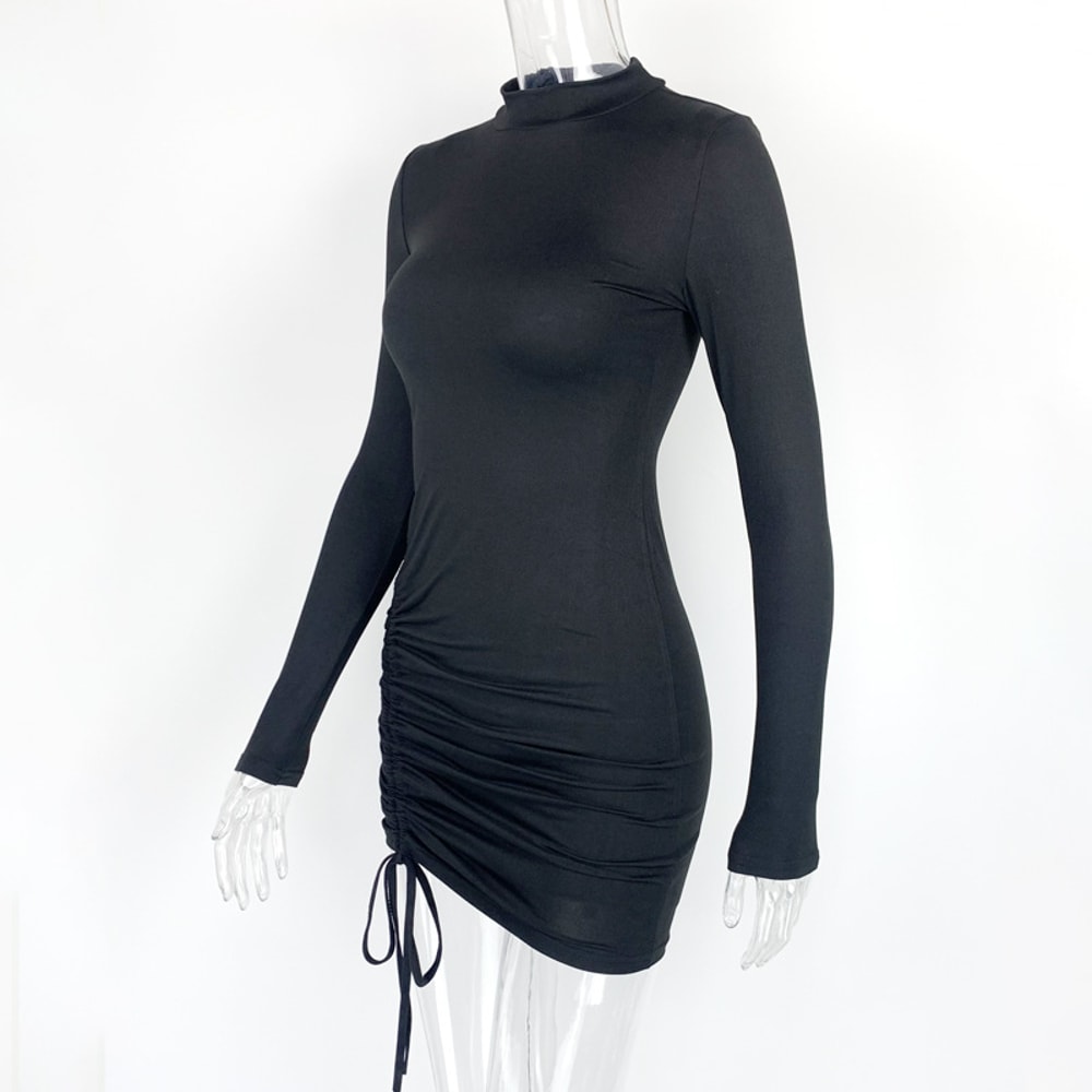 Elegant Long Sleeve Mini Dress, Solid Bodycon Sheath Turtleneck Knitted Dress