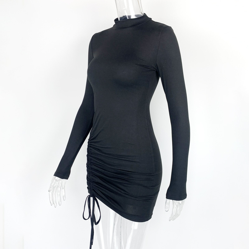 Elegant Long Sleeve Mini Dress, Solid Bodycon Sheath Turtleneck Knitted Dress