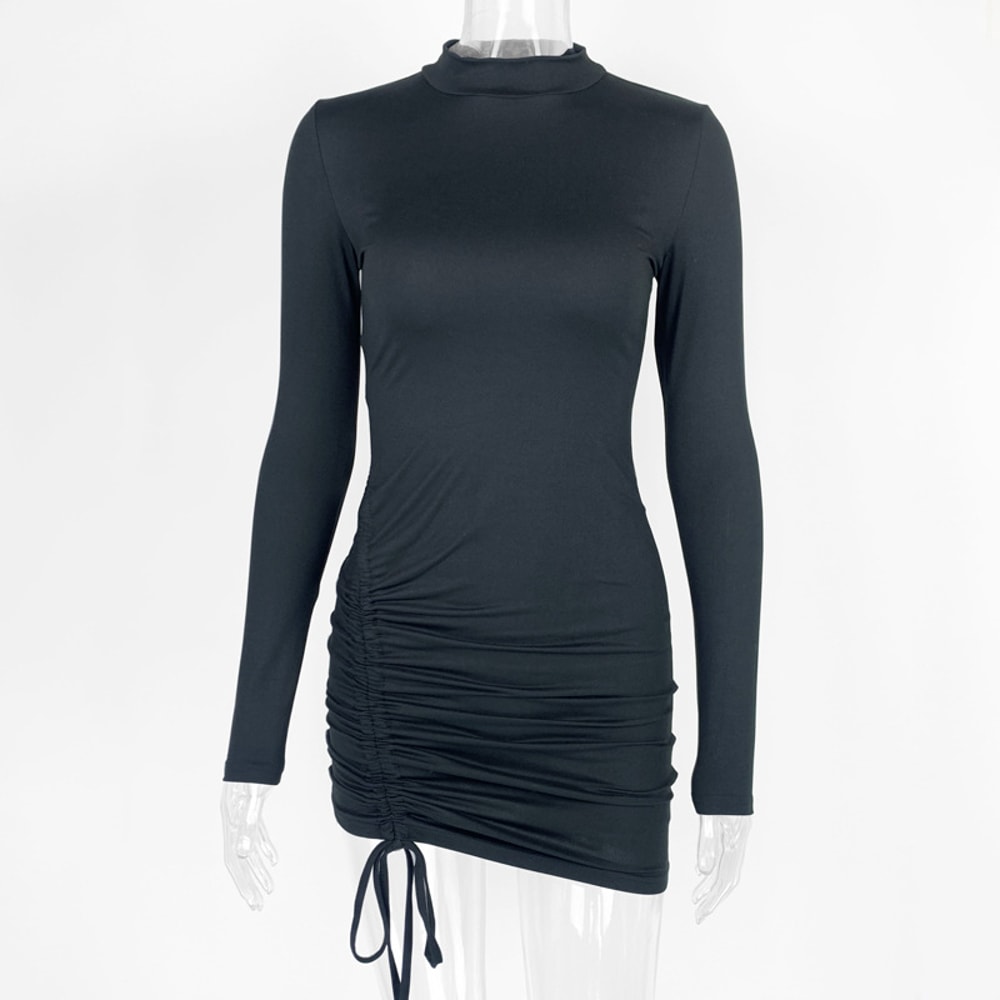 Elegant Long Sleeve Mini Dress, Solid Bodycon Sheath Turtleneck Knitted Dress