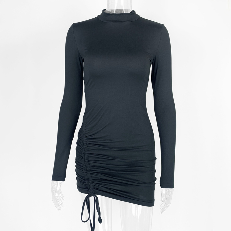 Elegant Long Sleeve Mini Dress, Solid Bodycon Sheath Turtleneck Knitted Dress