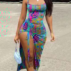 women summer sexy suspender long dress, split printing tie-up, fashionable elegant club beach party clothing