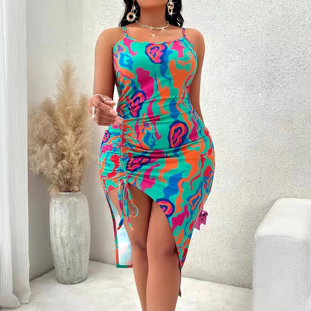 Women Summer Sexy Suspender Long Dress Split Printing TieUp Fashionable Elegant Club Beach Party Cl