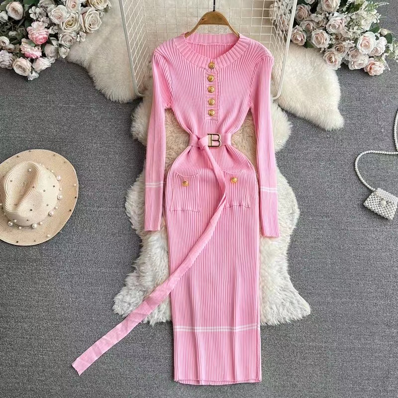 Autumn Winter New Round Collar Slim French Style Wrap Hip Dress 1