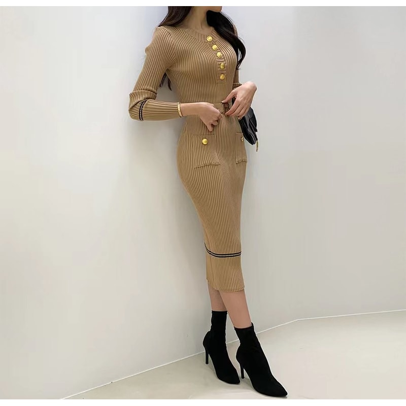 Autumn Winter New Round Collar Slim French Style Wrap Hip Dress 5