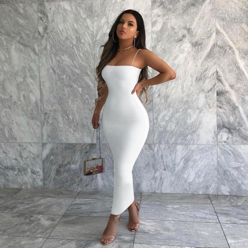 Streetwear Party Club, Autumn Winter Women Solid White Black Strap Midi Dress Bodycon, Elegant Fashion Clothes