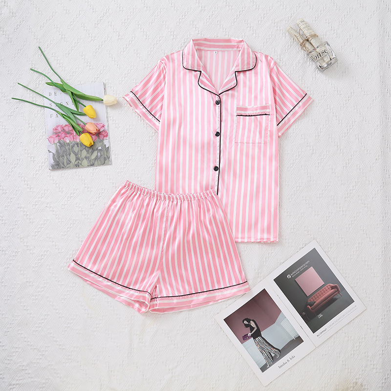 HighGrade Pink Striped Satin Silk Pajamas Women ShortSleeved Vneck Top And Shorts Sleepwear 6