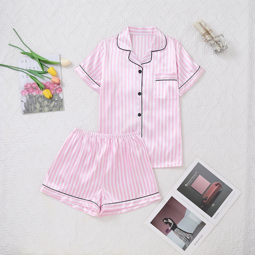 HighGrade Pink Striped Satin Silk Pajamas Women ShortSleeved Vneck Top And Shorts Sleepwear 7