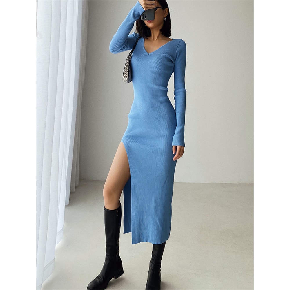 VNeck Slim TightFitting Wrap Dresses Autumn Winter French Slit Womens Sweater Dress 6
