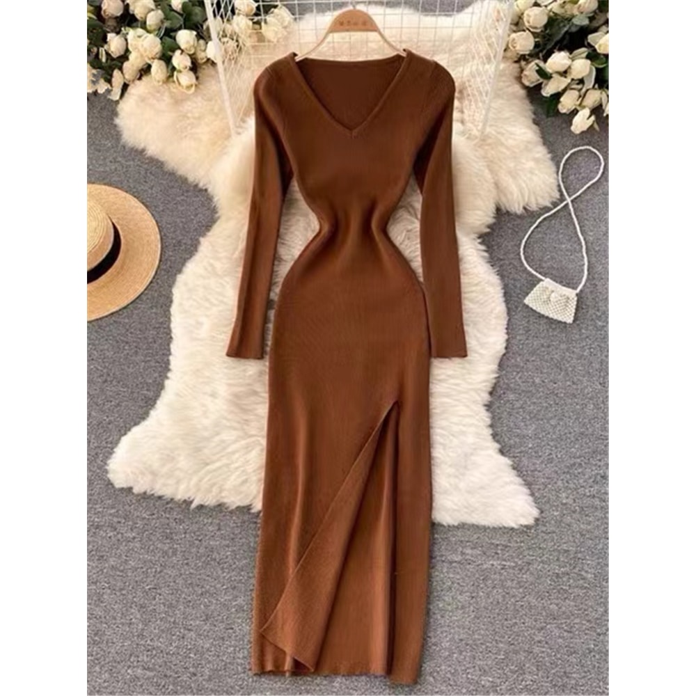 VNeck Slim TightFitting Wrap Dresses Autumn Winter French Slit Womens Sweater Dress 7