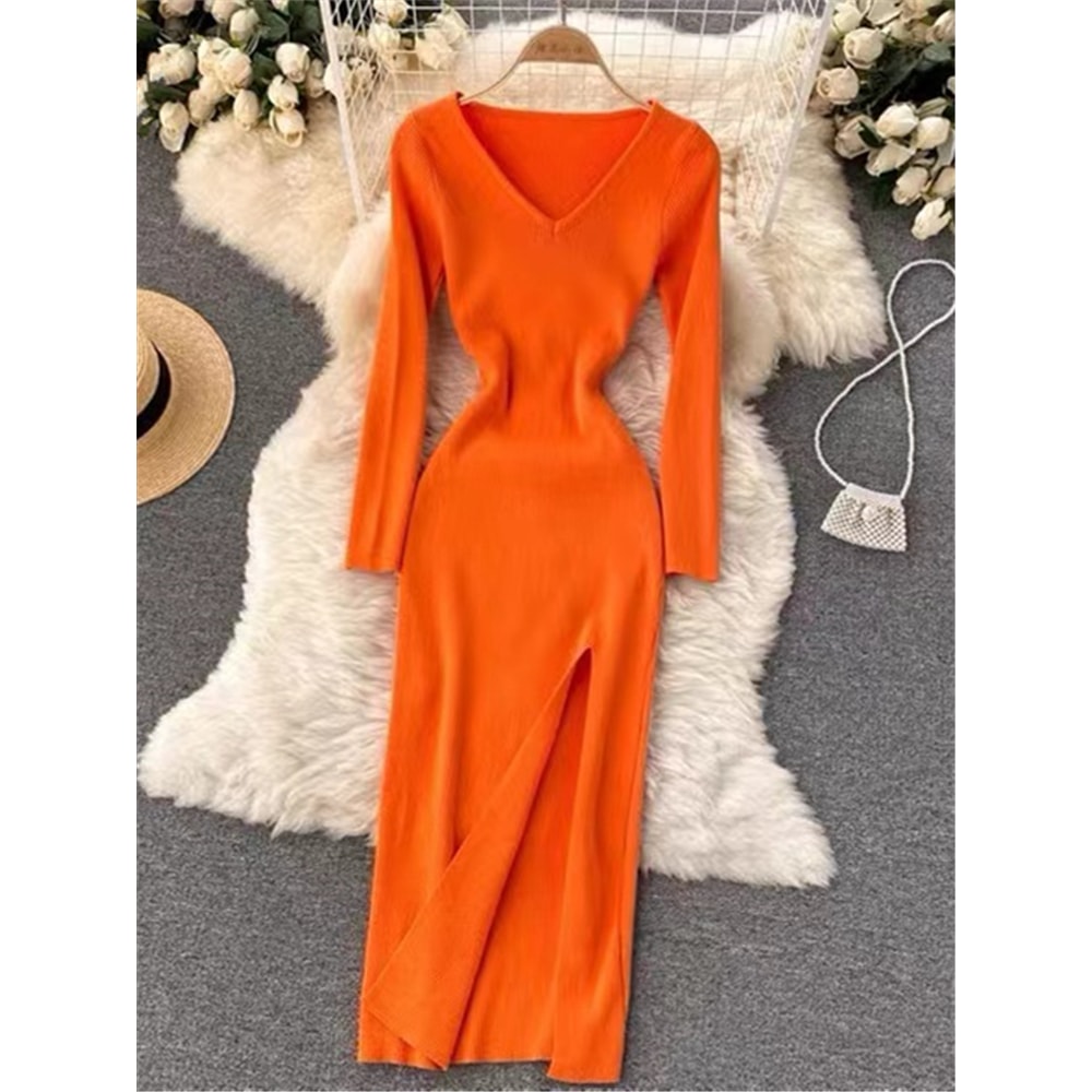 VNeck Slim TightFitting Wrap Dresses Autumn Winter French Slit Womens Sweater Dress 8