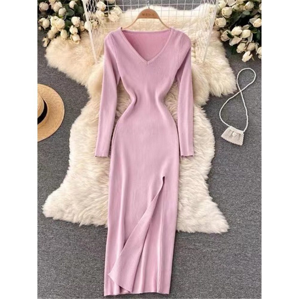 VNeck Slim TightFitting Wrap Dresses Autumn Winter French Slit Womens Sweater Dress 9