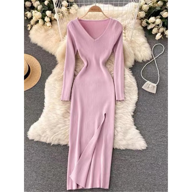 VNeck Slim TightFitting Wrap Dresses Autumn Winter French Slit Womens Sweater Dress 9