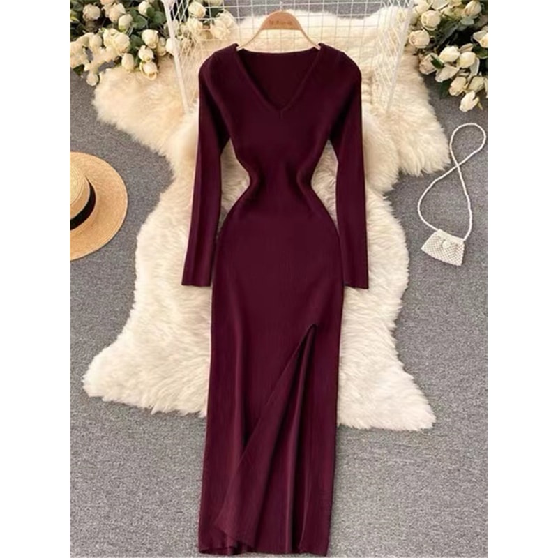 VNeck Slim TightFitting Wrap Dresses Autumn Winter French Slit Womens Sweater Dress 11