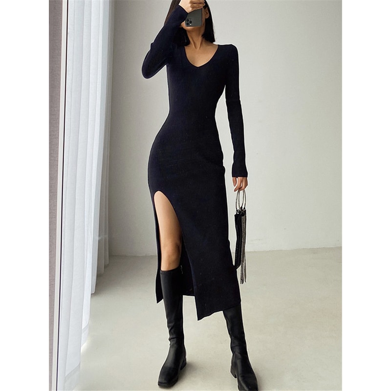 VNeck Slim TightFitting Wrap Dresses Autumn Winter French Slit Womens Sweater Dress 12