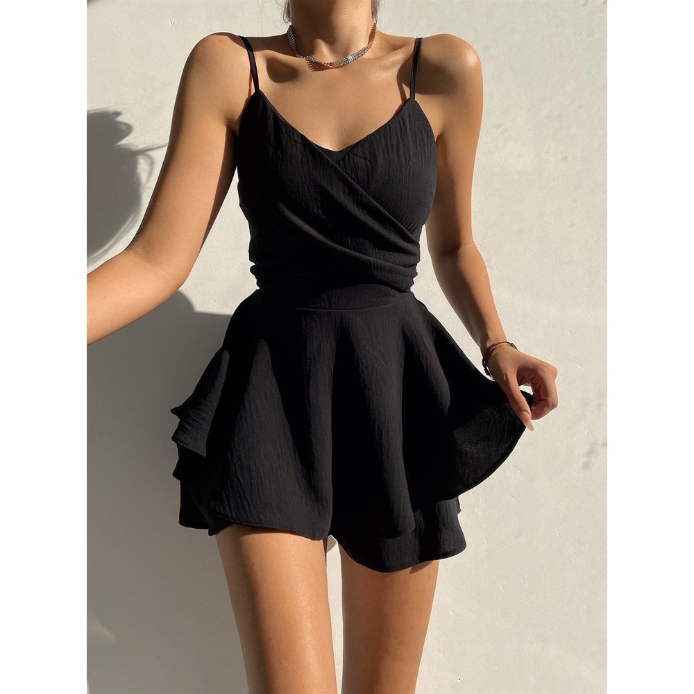 Slim Suspender Strap Sexy Dress Solid Ruffles Romper Summer Casual Threaded Slip Playsuits For Wome 6