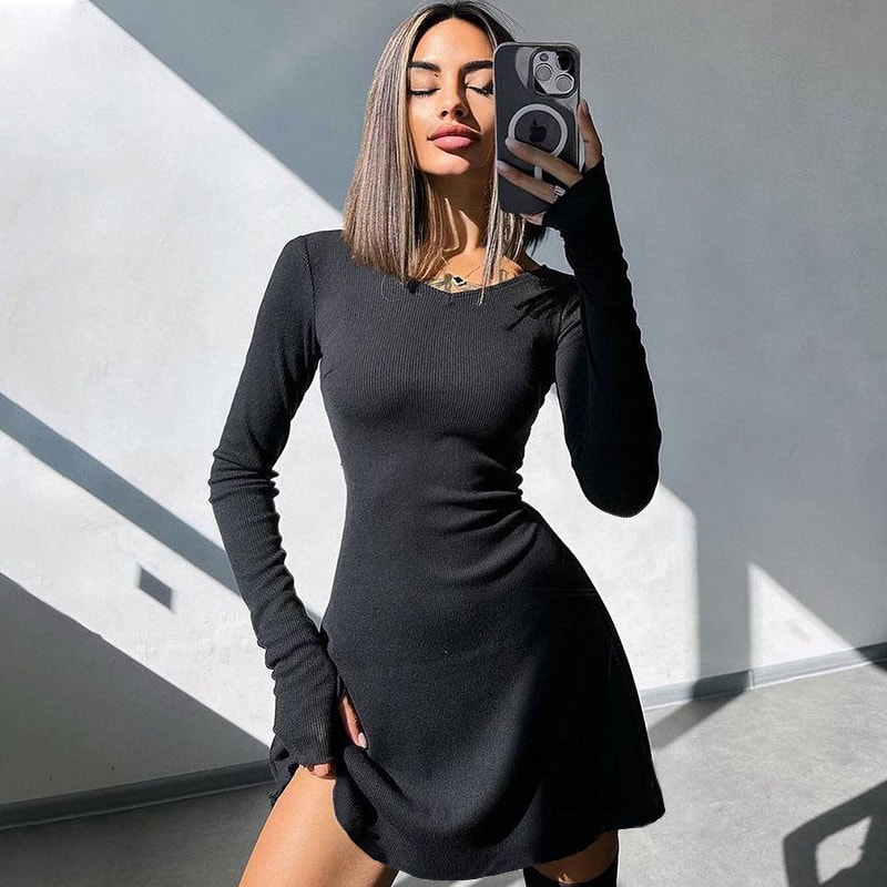 Winter New Black Sexy Short Dress, Elegant And Pretty Women Dresses, V Neck Long Sleeve Slim Solid Color Mini Dress