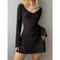 Winter New Black Sexy Short Dress, Elegant And Pretty Women Dresses, V Neck Long Sleeve Slim Solid Color Mini Dress