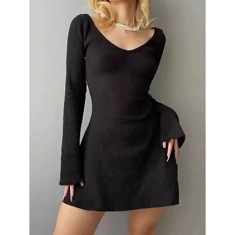 Winter New Black Sexy Short Dress, Elegant And Pretty Women Dresses, V Neck Long Sleeve Slim Solid Color Mini Dress