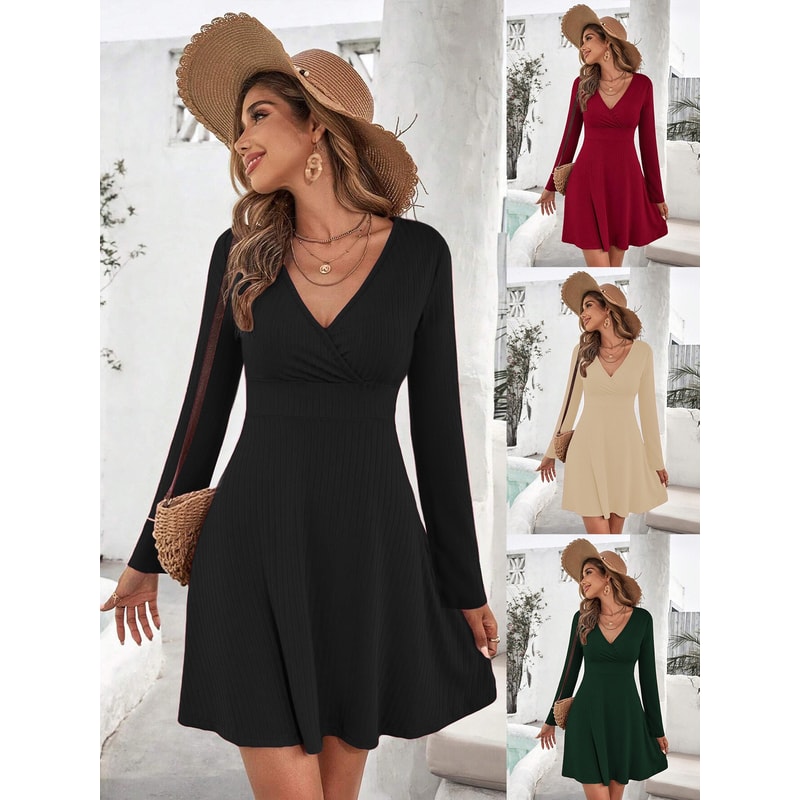 Solid Color Long Sleeve Mini Dress, Wrap Dress - A-Line Short Sleeveless Bodycon Dress