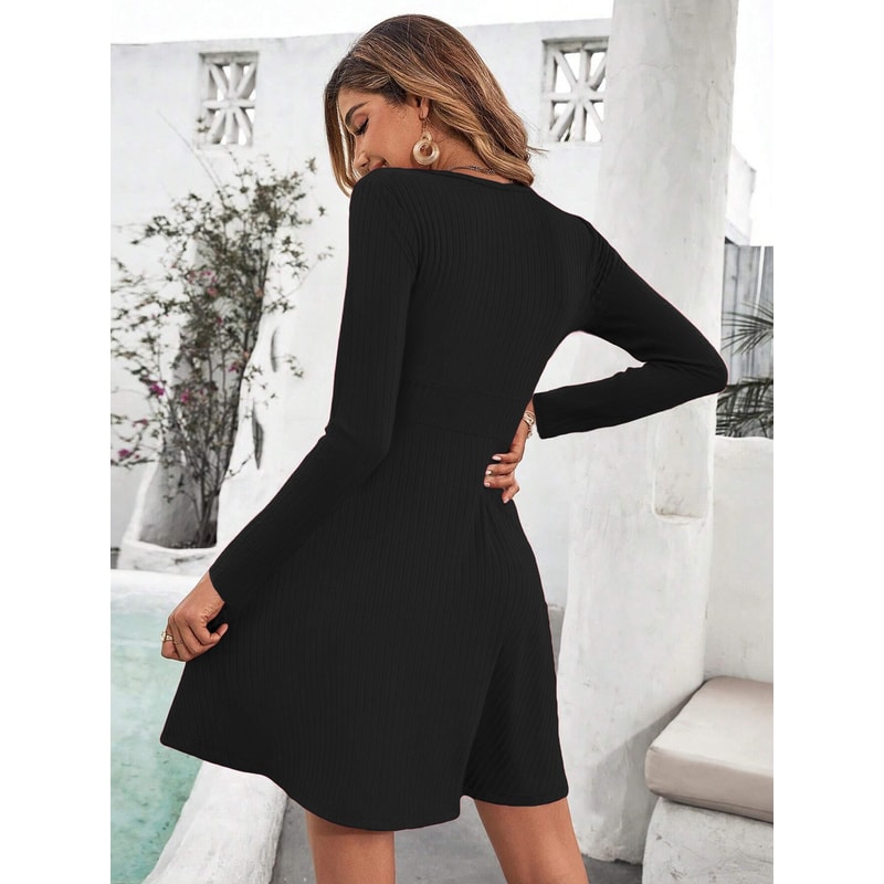 Solid Color Long Sleeve Mini Dress, Wrap Dress - A-Line Short Sleeveless Bodycon Dress