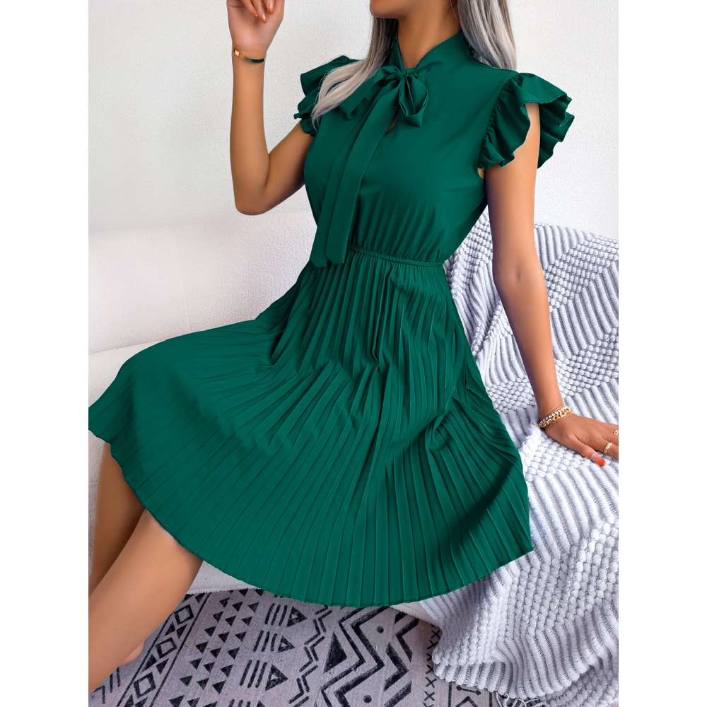 Elegant Lace Up Dress Woman Summer Bow Ruffles Short Sleeve Solid Color Pleated Midi Dress In Green 1