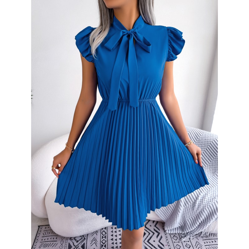 Elegant Lace Up Dress Woman Summer Bow Ruffles Short Sleeve Solid Color Pleated Midi Dress In Green 5