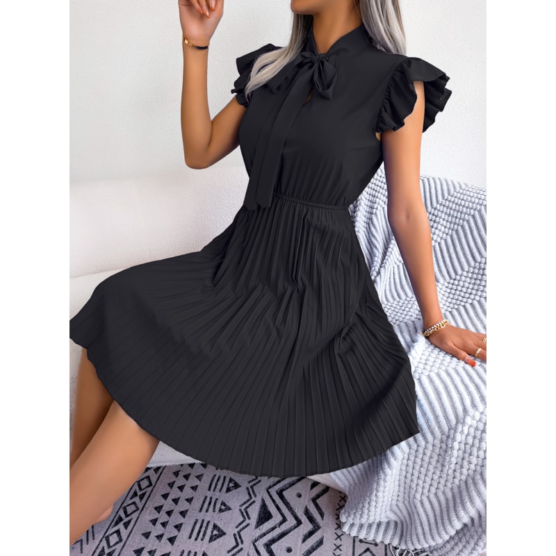 Elegant Lace Up Dress Woman Summer Bow Ruffles Short Sleeve Solid Color Pleated Midi Dress In Green 10
