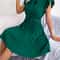 Elegant Lace Up Dress Woman Summer Bow Ruffles Short Sleeve Solid Color Pleated Midi Dress In Green 9
