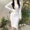 Soft Elastic Turtleneck Sweater Bodycon Dress Midi Winter Party Dress For Women With Belt 9
