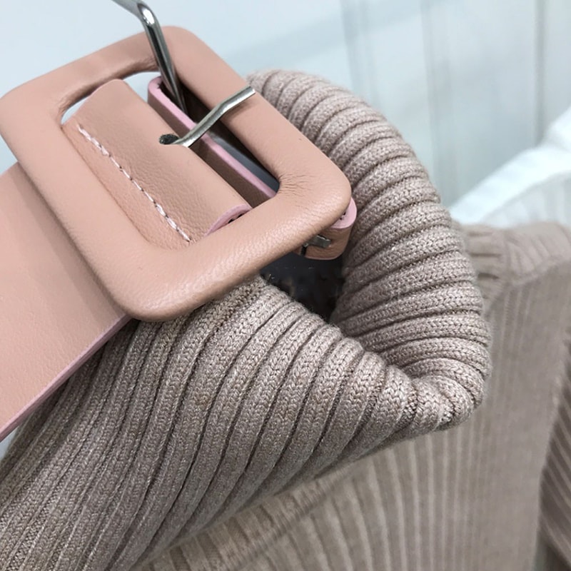 Soft Elastic Turtleneck Sweater Bodycon Dress Midi Winter Party Dress For Women With Belt 12