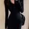 Elegant Bodycon Dresses for Women, Autumn Winter Mini Dress, V Neck Button Sweater, Solid Waist Long Sleeve Robe Short S