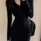 Elegant Bodycon Dresses for Women, Autumn Winter Mini Dress, V Neck Button Sweater, Solid Waist Long Sleeve Robe Short S