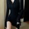 Elegant Bodycon Dresses for Women, Autumn Winter Mini Dress, V Neck Button Sweater, Solid Waist Long Sleeve Robe Short S