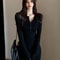 Elegant Bodycon Dresses for Women, Autumn Winter Mini Dress, V Neck Button Sweater, Solid Waist Long Sleeve Robe Short S