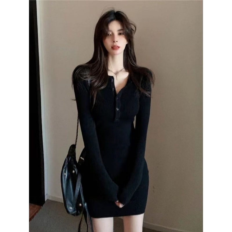 Elegant Bodycon Dresses for Women, Autumn Winter Mini Dress, V Neck Button Sweater, Solid Waist Long Sleeve Robe Short S