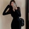 Elegant Bodycon Dresses for Women, Autumn Winter Mini Dress, V Neck Button Sweater, Solid Waist Long Sleeve Robe Short S