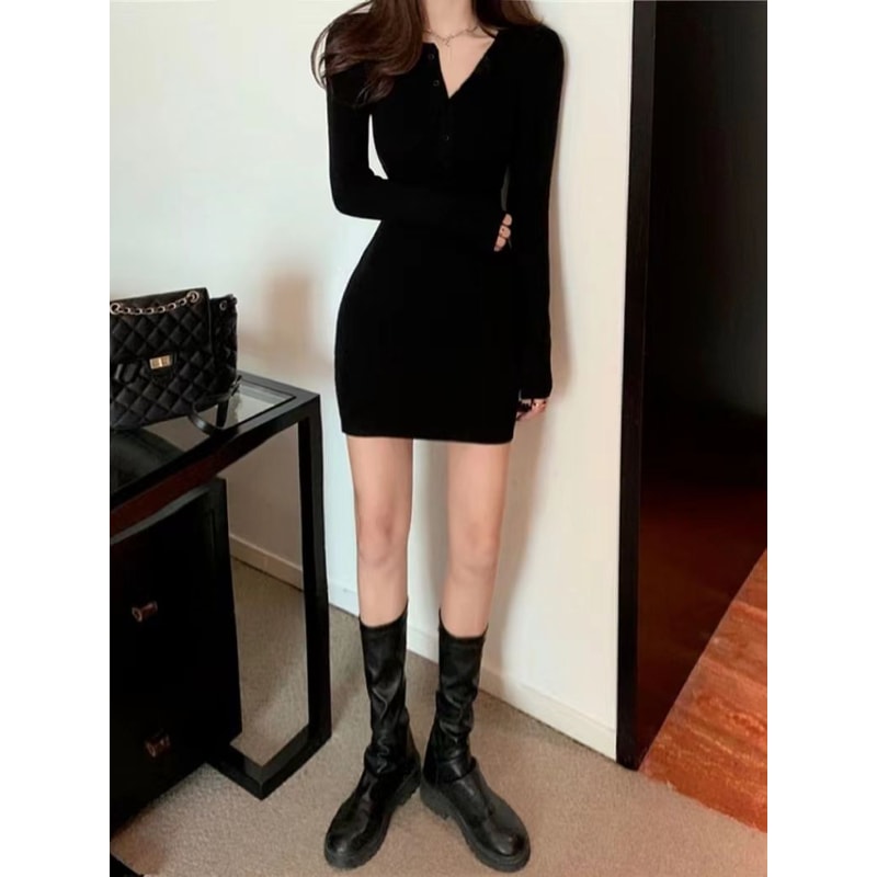 Elegant Bodycon Dresses for Women, Autumn Winter Mini Dress, V Neck Button Sweater, Solid Waist Long Sleeve Robe Short S