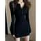 Elegant Bodycon Dresses for Women, Autumn Winter Mini Dress, V Neck Button Sweater, Solid Waist Long Sleeve Robe Short S