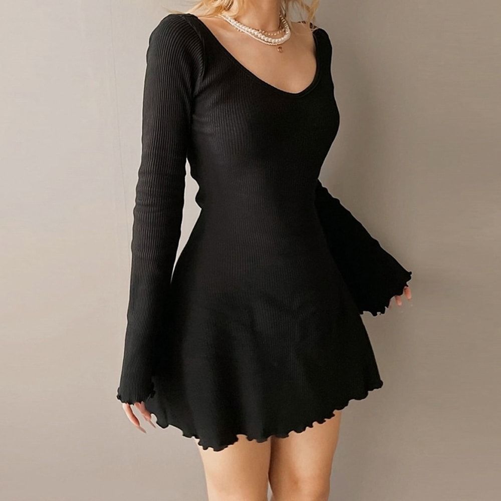Knit Long Sweater Long Sleeve Ruched Short Dress for Casual Fairy Grunge Streetwear