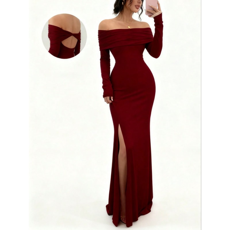Chic Figure-Hugging Midi, Women's Off-Shoulder Bodycon Dress, Long Sleeve High Slit Bandage Dress