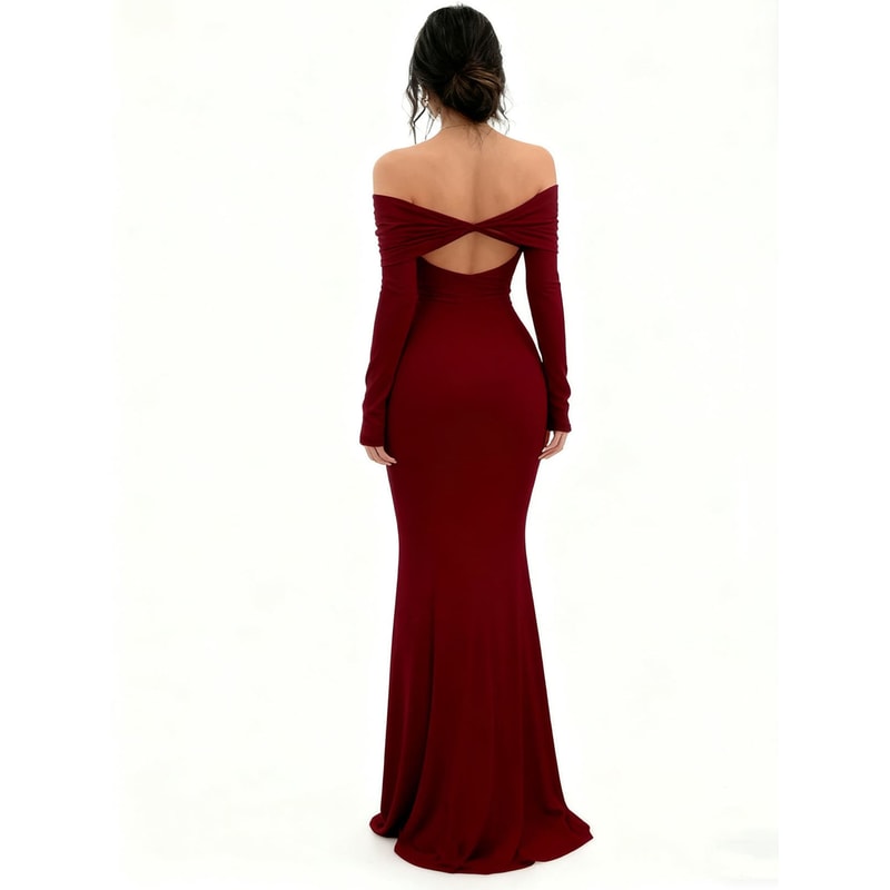 Chic Figure-Hugging Midi, Women's Off-Shoulder Bodycon Dress, Long Sleeve High Slit Bandage Dress