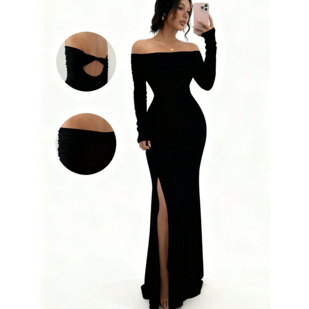 Chic Figure-Hugging Midi, Women's Off-Shoulder Bodycon Dress, Long Sleeve High Slit Bandage Dress