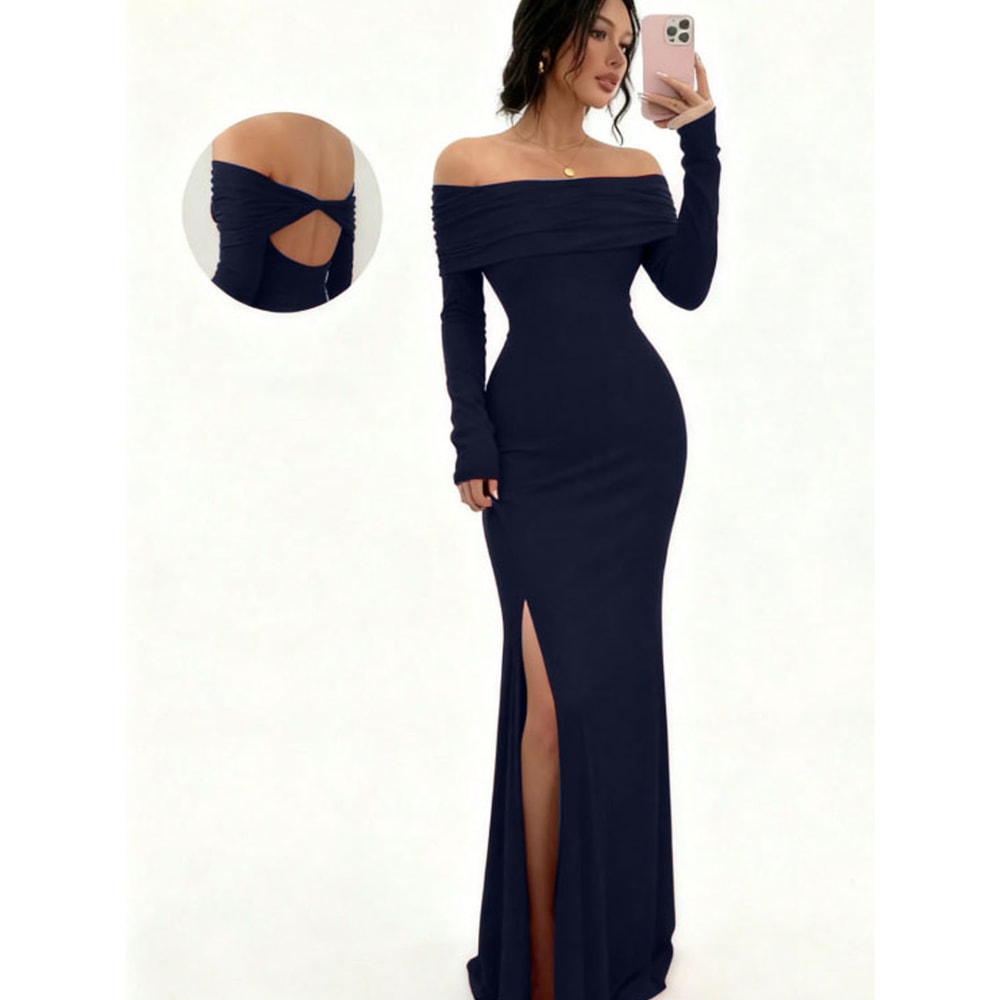 Chic Figure-Hugging Midi, Women's Off-Shoulder Bodycon Dress, Long Sleeve High Slit Bandage Dress