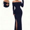 Chic Figure-Hugging Midi, Women's Off-Shoulder Bodycon Dress, Long Sleeve High Slit Bandage Dress