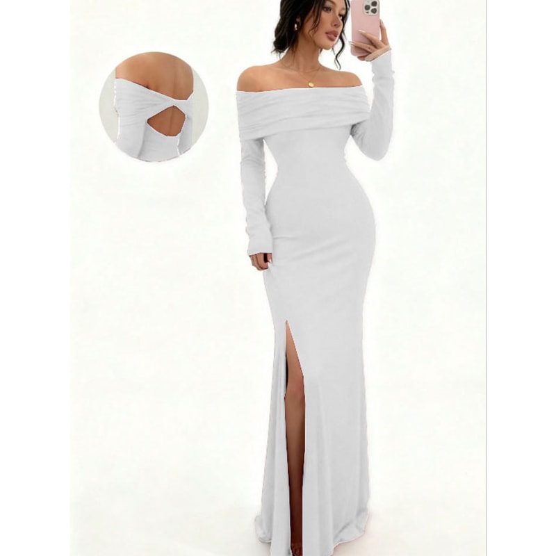 Chic Figure-Hugging Midi, Women's Off-Shoulder Bodycon Dress, Long Sleeve High Slit Bandage Dress