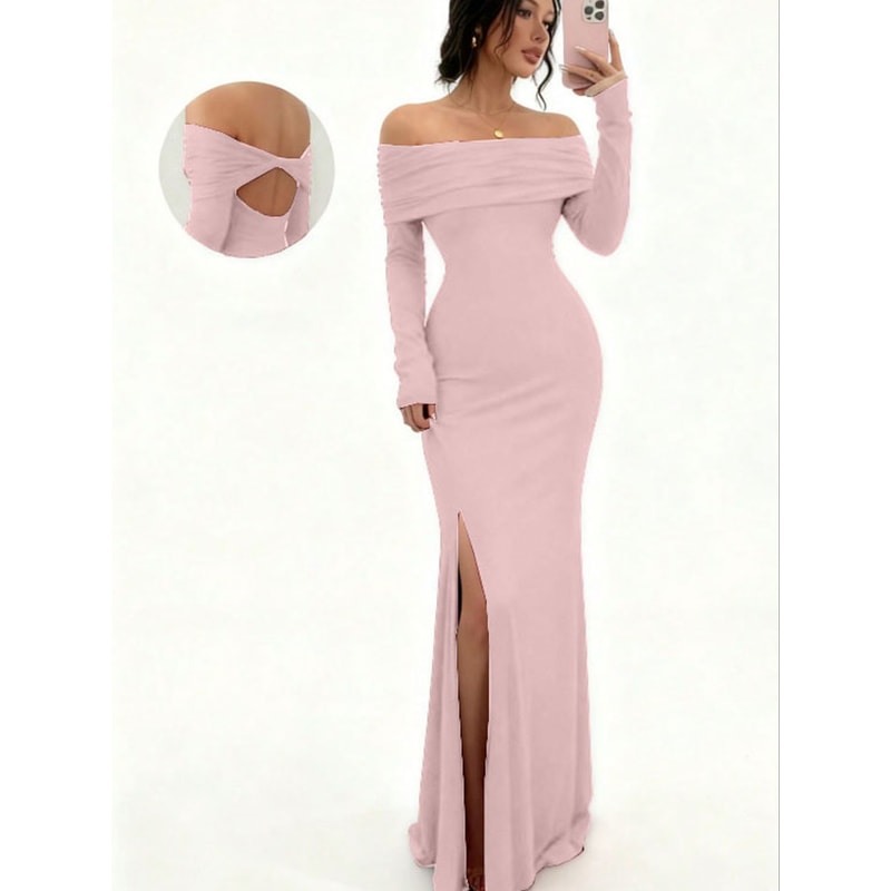Chic Figure-Hugging Midi, Women's Off-Shoulder Bodycon Dress, Long Sleeve High Slit Bandage Dress